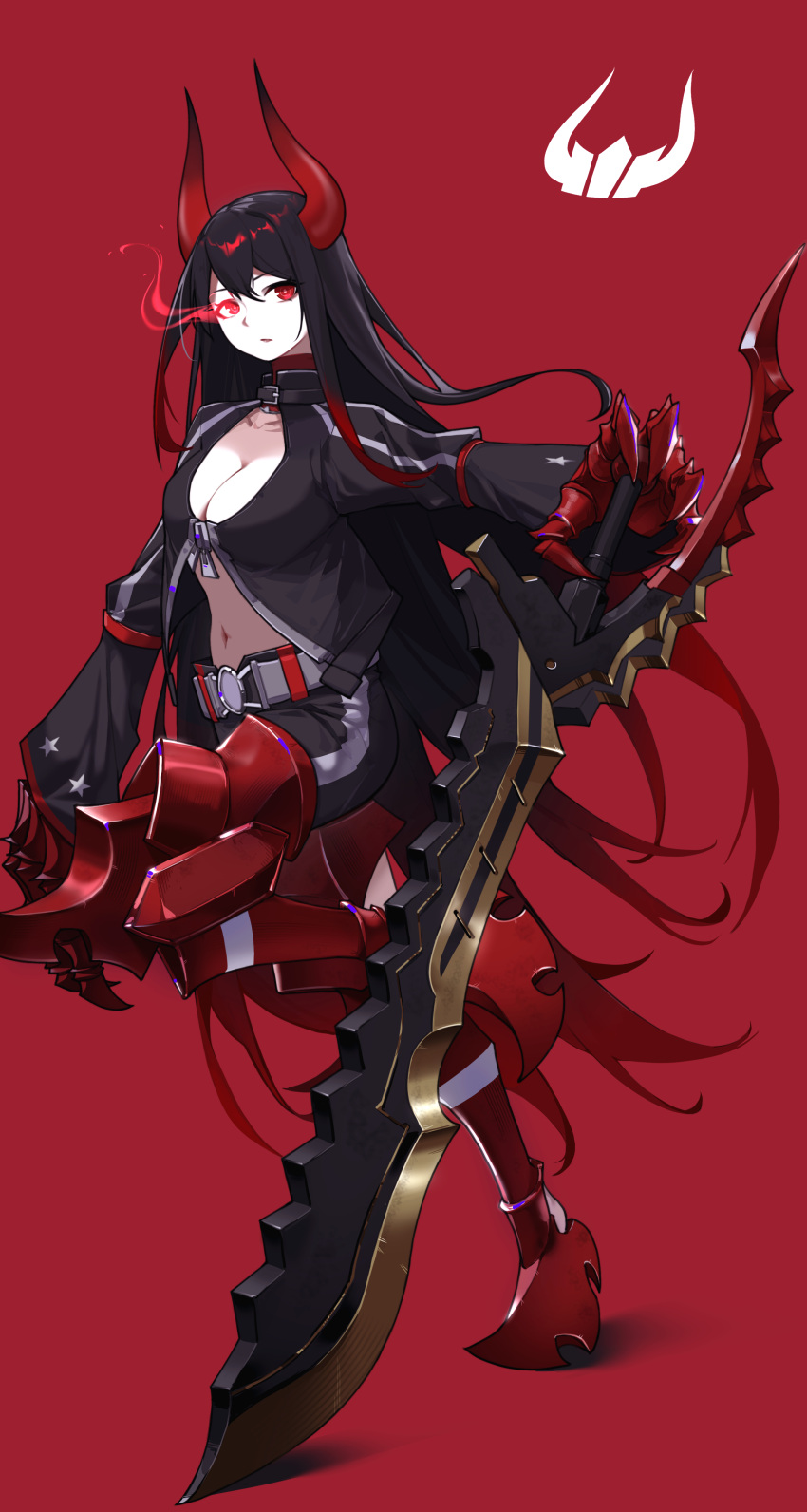 1girl absurdres armored_boots bangs black_gold_saw black_hair black_jacket black_rock_shooter black_shorts boots breasts cleavage collarbone flaming_eye floating_hair full_body gauntlets gradient_hair hair_between_eyes hand_on_hilt highres horns jacket large_breasts long_hair long_sleeves looking_at_viewer midriff multicolored_hair navel open_clothes open_jacket red_background red_eyes red_footwear red_hair rejan shiny shiny_hair shorts simple_background solo standing standing_on_one_leg stomach sword thigh_boots thighhighs very_long_hair weapon