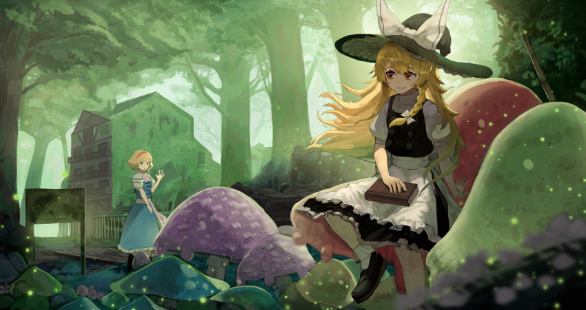 2girls alice_margatroid apron arm_support bannouyakunta black_footwear black_headwear black_skirt black_vest blonde_hair blue_dress blush bobby_socks book boots bow braid broom building buttons capelet chimney commentary dress eyebrows_behind_hair fence floating_hair forest frilled_dress frilled_skirt frills grin hair_bow hairband hand_up hat hat_bow highres house kirisame_marisa leaf leg_up long_hair looking_to_the_side mary_janes multiple_girls mushroom nature open_mouth orange_eyes outdoors pink_ribbon pink_scarf puffy_short_sleeves puffy_sleeves red_hairband ribbon scarf scenery shirt shoes short_hair short_sleeves sign single_braid sitting skirt skirt_set sleeve_cuffs smile socks teeth touhou tree vest waist_apron waving white_apron white_bow white_capelet white_legwear white_shirt window witch_hat