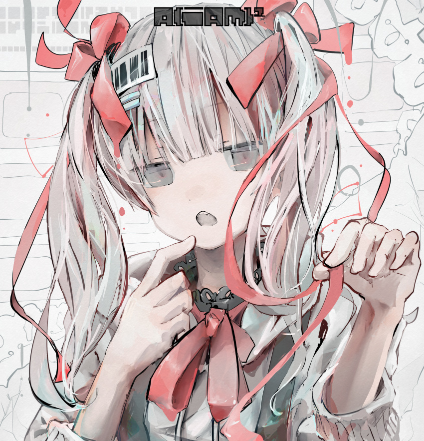 1girl absurdres aiamu_iamu artist_name bangs clothing_request collared_shirt commentary commentary_request eyebrows_visible_through_hair finger_to_mouth grey_eyes grey_hair hair_between_eyes hair_ornament hair_ribbon hairclip hands_up highres holding holding_ribbon jitome long_hair looking_at_viewer neck_ribbon open_mouth original red_ribbon ribbon shirt signature simple_background solo twintails upper_body white_background white_shirt