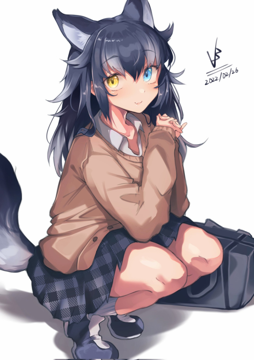 1girl alternate_costume animal_ears bag beige_sweater black_hair blue_eyes collared_shirt extra_ears eyebrows_visible_through_hair grey_hair grey_skirt grey_wolf_(kemono_friends) heterochromia highres iparuputsua kemono_friends long_hair long_sleeves multicolored_hair plaid plaid_skirt pleated_skirt school_bag school_uniform shirt skirt solo squatting tail white_hair white_shirt wolf_ears wolf_girl wolf_tail yellow_eyes