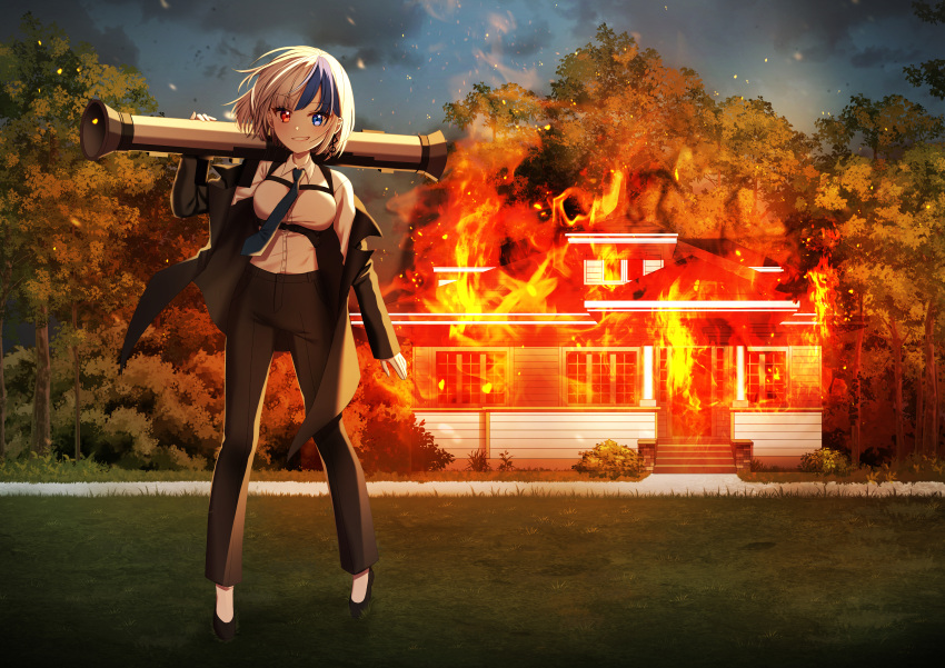 1girl absurdres black_footwear black_jacket black_pants blue_eyes blue_hair blue_necktie blue_sky breasts building burning cloud cloudy_sky collared_shirt commission day dress_shirt fire formal grass grin gun hand_up heterochromia highres holding holding_gun holding_weapon jacket long_sleeves looking_at_viewer mamel_27 medium_breasts multicolored_hair musical_note_earrings necktie off_shoulder open_clothes open_jacket original outdoors pant_suit pants red_eyes rocket_launcher shirt shoes sky sleeves_past_wrists smile solo suit treble_clef tree two-tone_hair weapon white_hair white_shirt