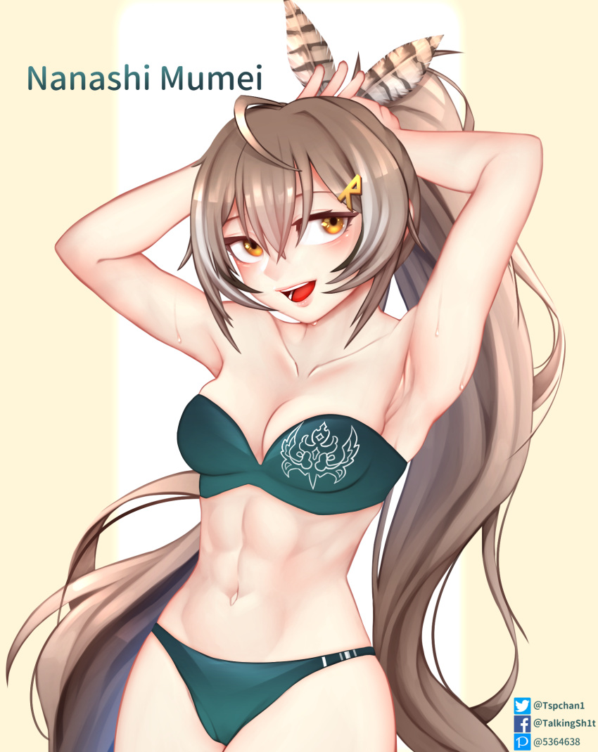 1girl :d abs ahoge armpits bangs bra breasts brown_hair cameltoe character_name collarbone commentary facebook_logo facebook_username feather_hair_ornament feathers green_bra green_panties hair_between_eyes hair_ornament hairclip hands_in_hair highres hololive hololive_english long_hair looking_at_viewer medium_breasts nanashi_mumei navel open_mouth orange_eyes panties pixiv_id pixiv_logo ponytail simple_background smile solo stomach sweat toned tsp twitter_logo twitter_username tying_hair underwear underwear_only very_long_hair virtual_youtuber