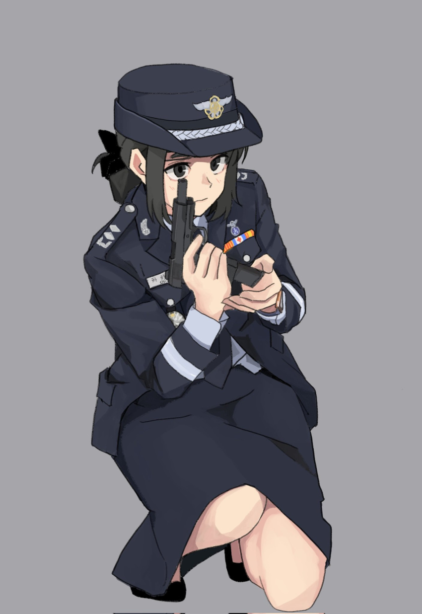 1girl black_eyes black_necktie black_neckwear blue_shirt collared_shirt dress_shirt epaulettes grey_background gun handgun hat highres holding holding_gun holding_weapon kneeling looking_afar magazine_(weapon) military military_hat military_uniform necktie original perfect_han pistol reloading republic_of_korea_army shirt short_hair sidelocks simple_background skirt tied_hair uniform weapon