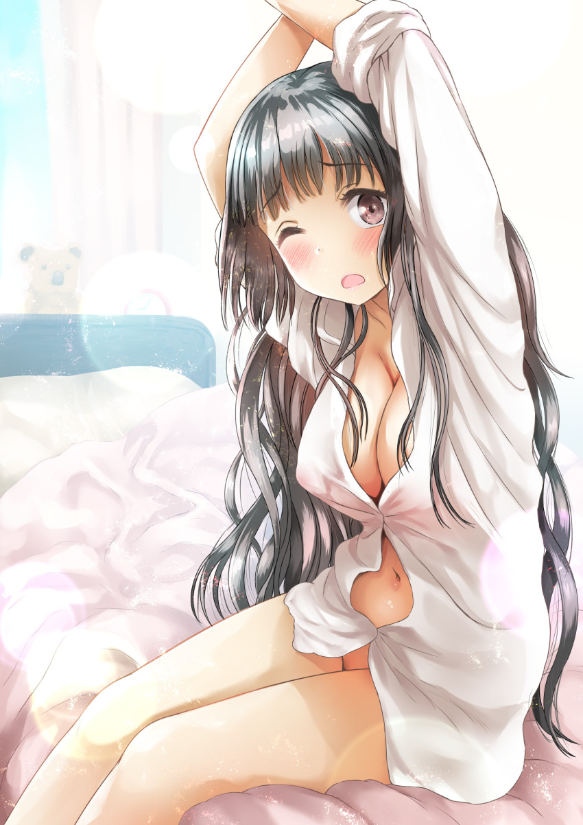 1girl arms_up bangs bedside black_hair blunt_bangs blush breasts brown_eyes cleavage collarbone collared_shirt covered_nipples eyebrows_visible_through_hair highres large_breasts long_hair long_sleeves looking_at_viewer naharyou naked_shirt navel no_panties one_eye_closed open_mouth original partially_unbuttoned shirt sitting solo stretch tareme wavy_hair white_shirt