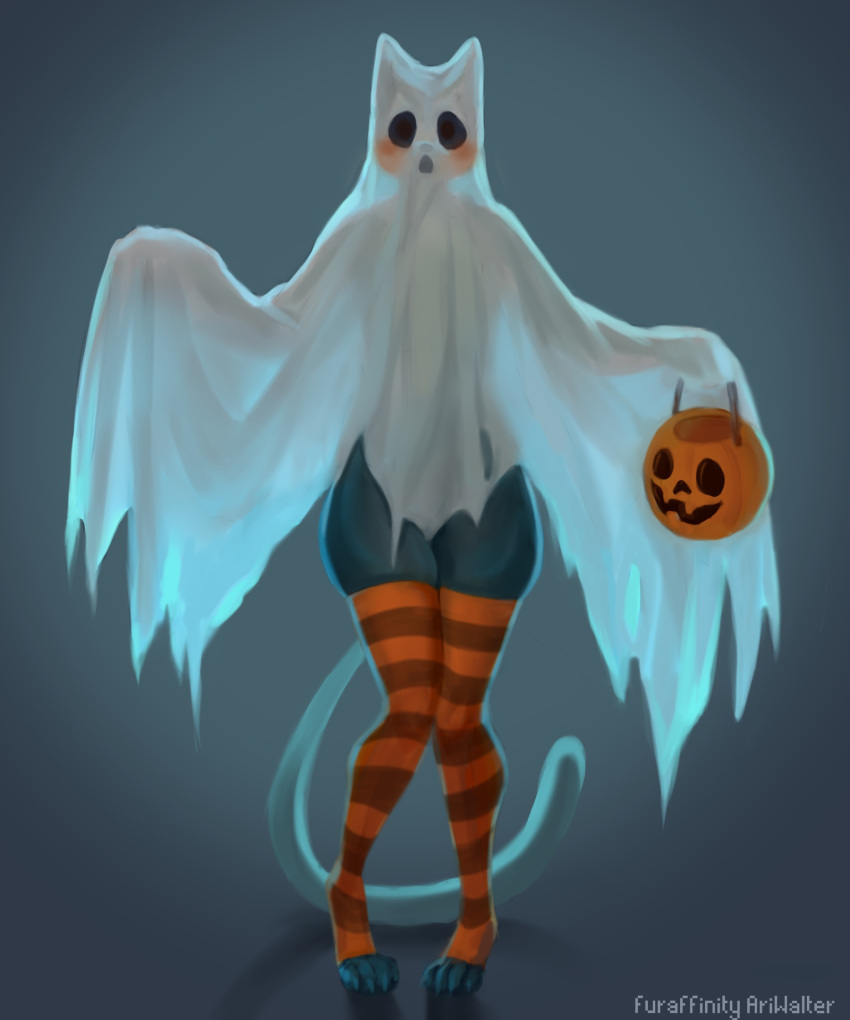 ambiguous_gender anthro ariwalter clothing cosplay costume domestic_cat felid feline felis food fruit ghost halloween hi_res holidays legwear mammal plant pumpkin solo solo_focus spirit spooky_(disambiguation) stockings thick_thighs wide_hips