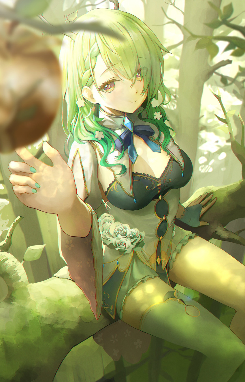 1girl absurdres apple arm_support asymmetrical_bangs bangs blue_nails blue_ribbon braid breasts ceres_fauna cleavage dappled_sunlight flower food forest fruit golden_apple green_bag green_flower green_hair green_rose hair_flower hair_ornament hair_over_eyes highres hololive hololive_english large_breasts long_hair looking_at_viewer nail_polish nature ribbon rose side_braid single_thighhigh smile solo sunlight thighhighs thighs wei_hua_(vlad_3)