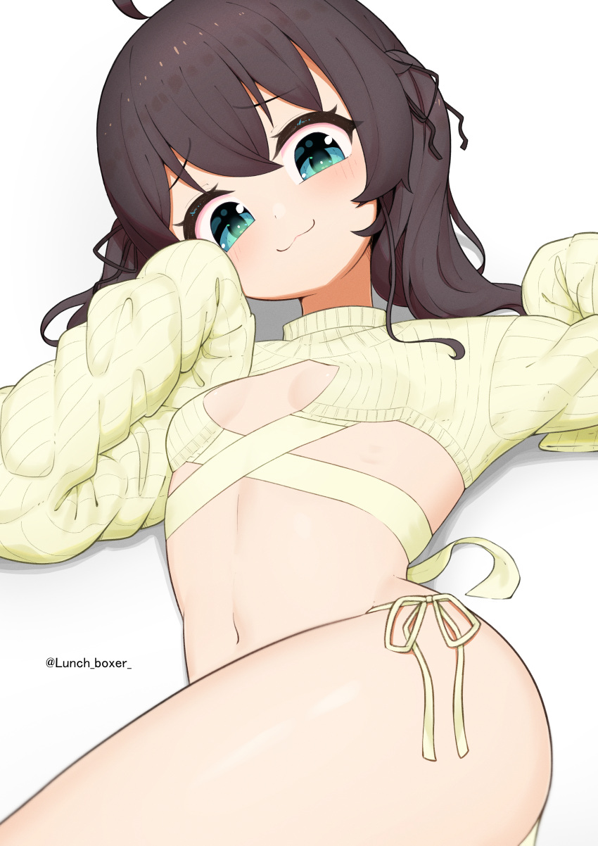 1girl :3 absurdres ahoge bangs black_ribbon blush breasts brown_hair closed_mouth commentary_request cropped_sweater eyebrows_visible_through_hair green_eyes hair_between_eyes hair_ribbon highres hololive long_hair long_sleeves looking_at_viewer lunch_boxer lying natsuiro_matsuri navel panties ribbon side-tie_panties simple_background sleeves_past_fingers sleeves_past_wrists small_breasts smile solo string_panties sweater twintails twitter_username underwear virtual_youtuber white_background yellow_panties