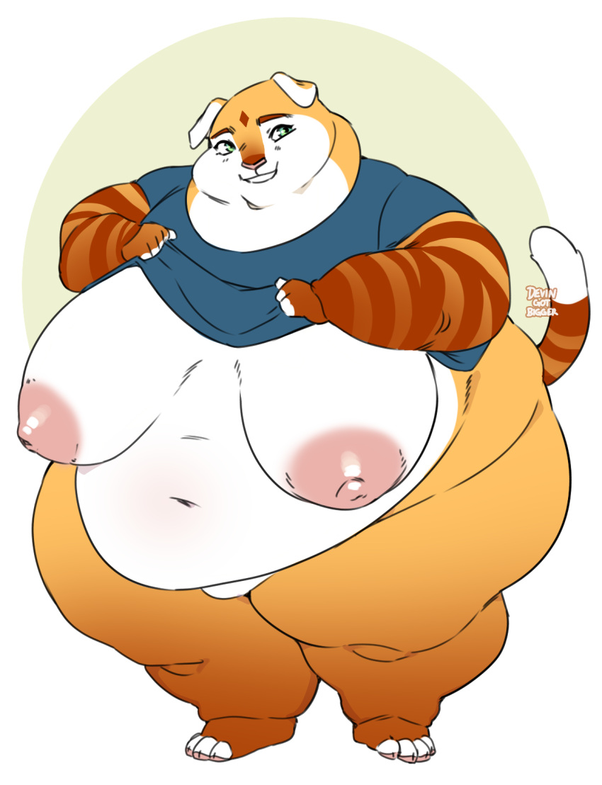 anthro areola big_areola big_breasts breasts clothed clothing clothing_lift felid female hi_res inverted_nipples kyrosh lucy_(kyrosh) mammal nipples obese overweight pantherine presenting shirt shirt_lift smile solo standing tiger topwear