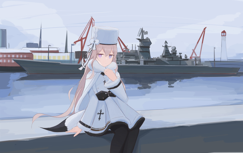 1girl absurdres arm_up azur_lane bangs black_legwear blonde_hair blue_eyes closed_mouth coat coat_dress cross cross_necklace dress eyebrows_visible_through_hair feet_out_of_frame fur-trimmed_coat fur_trim hair_ornament hairclip harbor heterochromia highres jewelry lighthouse long_hair looking_at_viewer military military_vehicle murmansk_(azur_lane) necklace ocean pantyhose papakha purple_eyes scenery shasha_(shasha159357) ship sitting solo tail warship watercraft white_coat white_dress white_headwear
