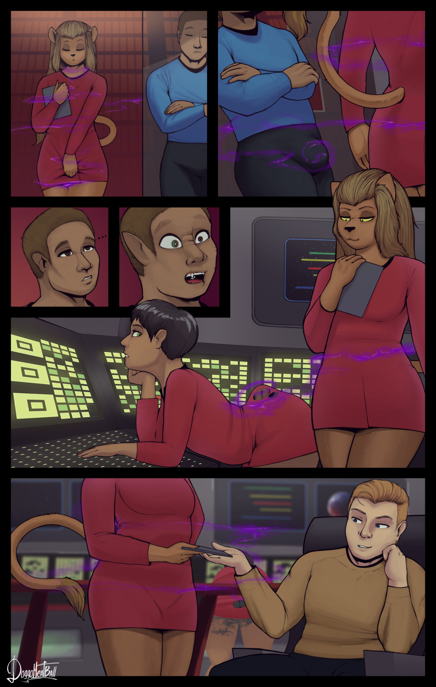 ... absurd_res anthro bulge caitian clothed clothing comic crossed_arms digital_media_(artwork) doggomeatball eyebrows eyes_closed felid female fingers hair hi_res holding_object male mammal open_mouth signature sitting star_trek teeth text url