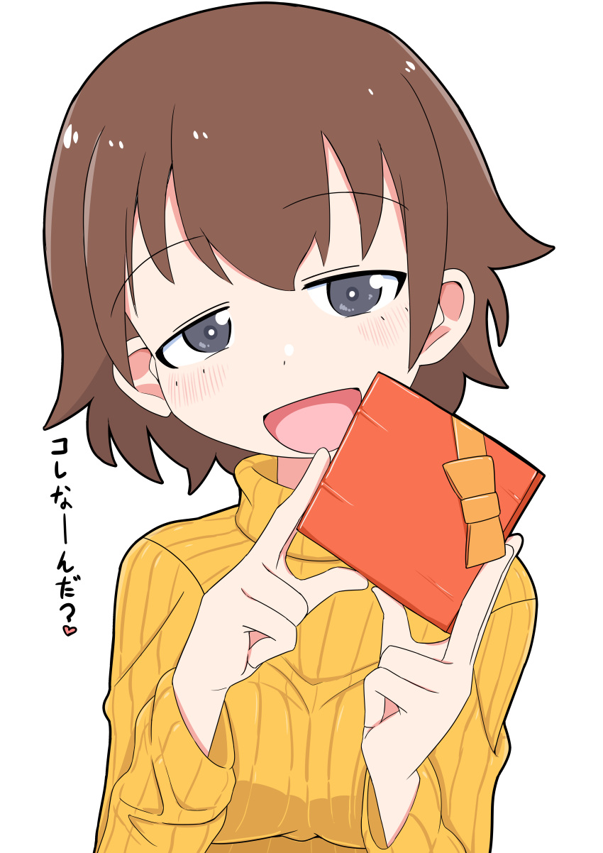 1girl absurdres bangs blush box brown_eyes brown_hair commentary_request eyebrows_visible_through_hair freckles gift gift_box girls_und_panzer half-closed_eyes highres holding holding_gift long_sleeves looking_at_viewer open_mouth orange_shirt ribbed_shirt shirt short_hair simple_background smile solo translated tsuchiya_(girls_und_panzer) turtleneck upper_body valentine white_background yb_norio