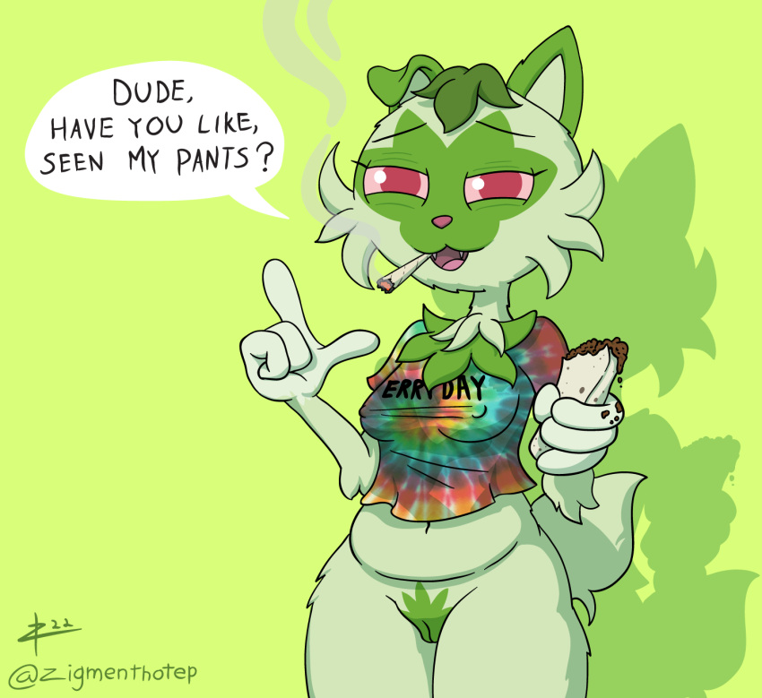 4_fingers bottomless burrito cel_shading clothed clothing digital_drawing_(artwork) digital_media_(artwork) drugs felid feline female fingers food fur genitals green_background green_body green_fur green_hair green_pussy hair hi_res holding_food holding_object looking_at_viewer mammal marijuana marijuana_blunt multicolored_clothing multicolored_shirt multicolored_topwear nintendo pok&eacute;mon pok&eacute;mon_(species) pussy red_eyes shaded shirt signature simple_background smoking_weed solo sprigatito t-shirt tie-dye toony topwear video_games zigmenthotep