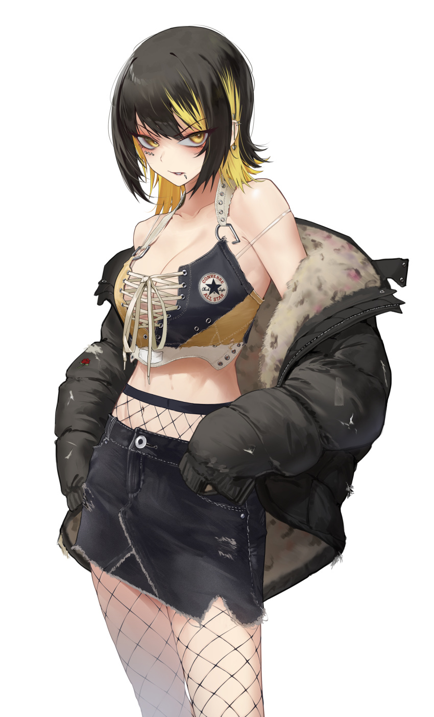 1girl absurdres bare_shoulders black_hair blonde_hair breasts cleavage clenched_teeth coat cowboy_shot crop_top cross-laced_clothes cross-laced_top denim denim_skirt fishnet_legwear fishnets highres idolmaster idolmaster_shiny_colors ikaruga_luca large_breasts looking_at_viewer marrrrrr medium_hair midriff miniskirt multicolored_hair navel pantyhose piercing product_placement simple_background skirt teeth tsurime two-tone_hair white_background yellow_eyes