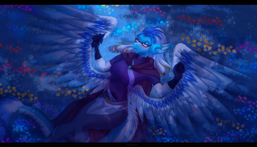 absurd_res angel anthro black blush breasts butt calm cape clothed clothing costume dark digital_media_(artwork) dragon eyes_closed eyewear feathered_wings feathers female field flower fur furry glasses gloves hair handwear hi_res invalid_tag moon narikusha night open_mouth outside plant sky smile solo water wings