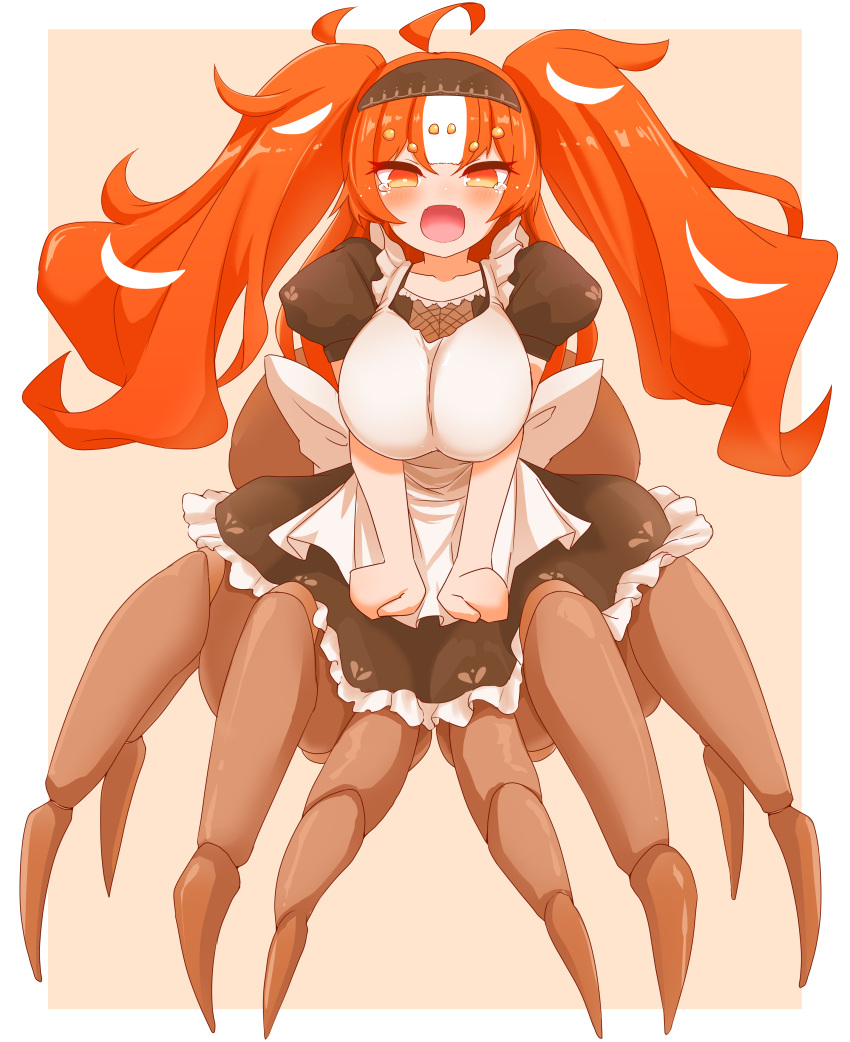 1girl absurdres ahoge angry arachne arthropod_girl beige_background blush breasts clenched_hands commentary frills full_body hairband highres hikyou_takarasou large_breasts long_hair looking_at_viewer maid monster_girl multicolored_hair open_mouth orange_eyes orange_hair original puffy_short_sleeves puffy_sleeves short_sleeves simple_background solo spider_girl taur tears twintails two-tone_hair white_hair