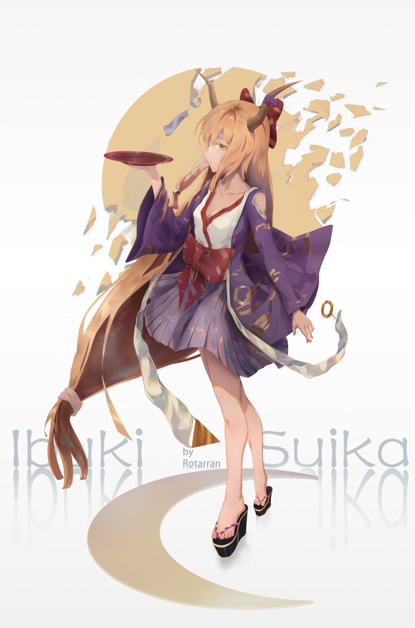 1girl absurdres alternate_costume artist_name blonde_hair bow breasts character_name cleavage collarbone crescent cup hair_bow highres horn_bow horn_ornament horns ibuki_suika jacket long_hair looking_at_viewer low-tied_long_hair low_tied_hair pleated_skirt purple_jacket purple_skirt red_bow rotarran sakazuki shattered skirt small_breasts solo touhou very_long_hair waist_bow white_background wide_sleeves wind_chime yellow_eyes zouri