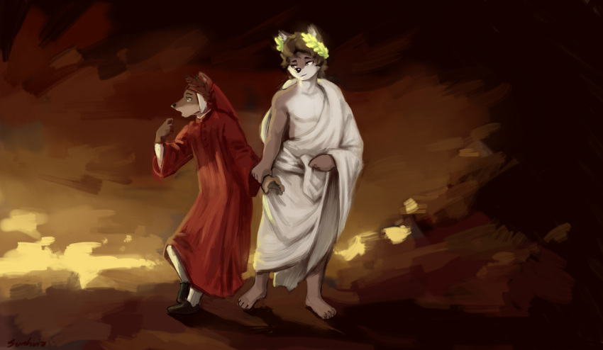 anthro canid canine canis clothing dante's_inferno dante_alighieri divine_comedy duo fire hand_holding hell hi_res laurel_wreath male male/male mammal no_shoes red_clothing roman_clothing sunhuiz toga virgil white_clothing wolf