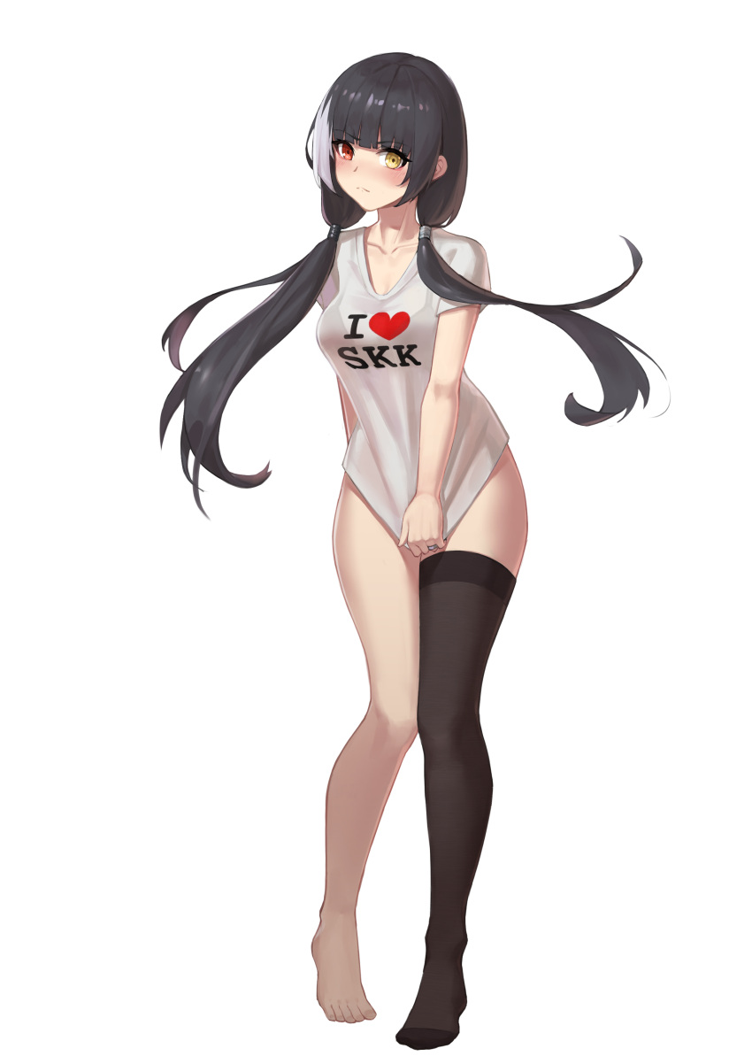 1girl absurdres black_hair black_legwear blush breasts clothes_writing full_body girls'_frontline heart heterochromia highres jewelry large_breasts long_hair low_twintails mausratten multicolored_hair red_eyes ring ro635_(girls'_frontline) shirt short_sleeves simple_background single_thighhigh solo standing streaked_hair thighhighs twintails wedding_band white_background white_hair white_shirt yellow_eyes