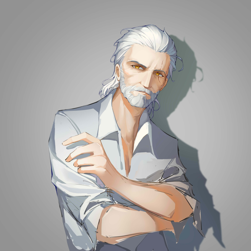 1boy absurdres alternate_costume beard bingdongluofeiyu collared_shirt facial_hair geralt_of_rivia grey_background highres male_focus medium_hair mustache old old_man older partially_unbuttoned scar scar_across_eye shirt the_witcher_(series) the_witcher_3 unfinished upper_body white_hair wrinkled_skin yellow_eyes