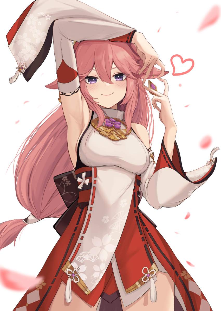 1girl absurdres animal_ears arm_up armpits blush breasts cherry_blossoms commentary cowboy_shot detached_sleeves earrings eyebrows_visible_through_hair floppy_ears floral_print fox_ears genshin_impact hair_between_eyes hair_ornament heart heart_hands highres japanese_clothes jewelry light_smile long_hair looking_at_viewer low-tied_long_hair medium_breasts miko pendant petals pink_hair priestess purple_eyes ribbon-trimmed_sleeves ribbon_trim seranaru sideboob simple_background solo tassel vision_(genshin_impact) white_background wide_sleeves yae_miko