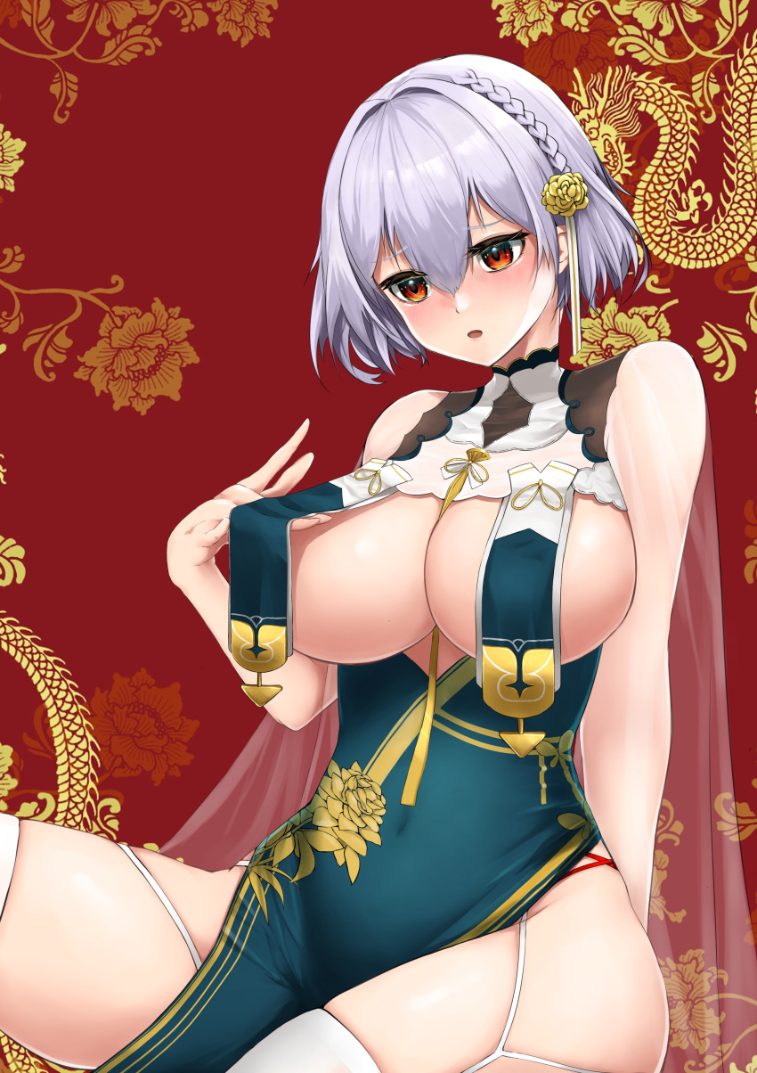 1girl absurdres azur_lane braid breast_curtains breasts china_dress chinese_clothes dragon dress eastern_dragon garter_straps grey_dress hair_between_eyes highres large_breasts light_purple_hair official_alternate_costume ojisan_f pelvic_curtain red_background red_eyes revealing_clothes ribbon_between_breasts see-through_sleeves short_hair side_braid sirius_(azur_lane) sirius_(azure_horizons)_(azur_lane) solo thighhighs white_legwear