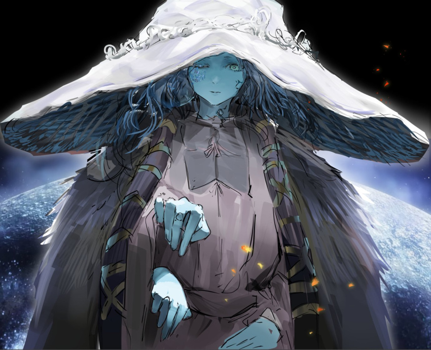 1boy 1girl blue_eyes blue_hair blue_skin colored_skin cracked_skin elden_ring extra_arms fur_coat fur_trim hat koio long_hair moon one_eye_closed outstretched_arms ranni_the_witch solo upper_body witch witch_hat