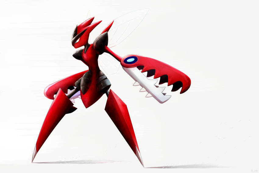 commentary from_side highres horns jcstr legs_apart mega_pokemon mega_scizor no_humans pincers pokemon pokemon_(creature) scizor solo spikes standing white_background