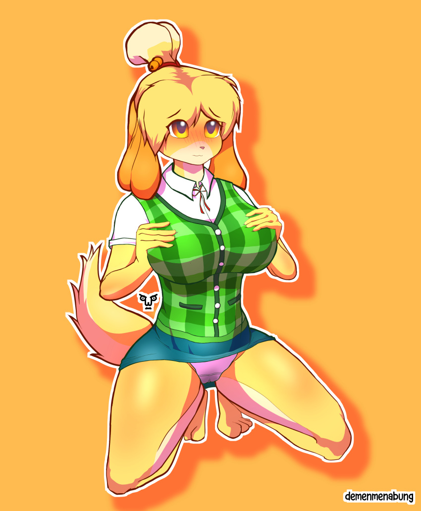 absurd_res animal_crossing anthro big_breasts blush bottomwear breasts canid canine canis clothing crouching demenmenabung domestic_dog embarrassed female hand_on_breast hi_res isabelle_(animal_crossing) mammal nintendo panties shy skirt skrit solo underwear video_games wet wet_clothing