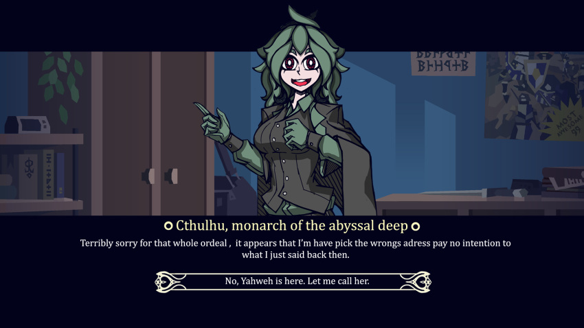 1girl :d bangs breasts brown_gloves brown_jacket buttons character_name cthulhu cthulhu_mythos english_text gloves green_hair helltaker highres hohodo_(hohodo8) indoors jacket large_breasts long_hair long_sleeves looking_at_viewer personification red_eyes smile solo speech_bubble teeth upper_teeth vanripper_(style)