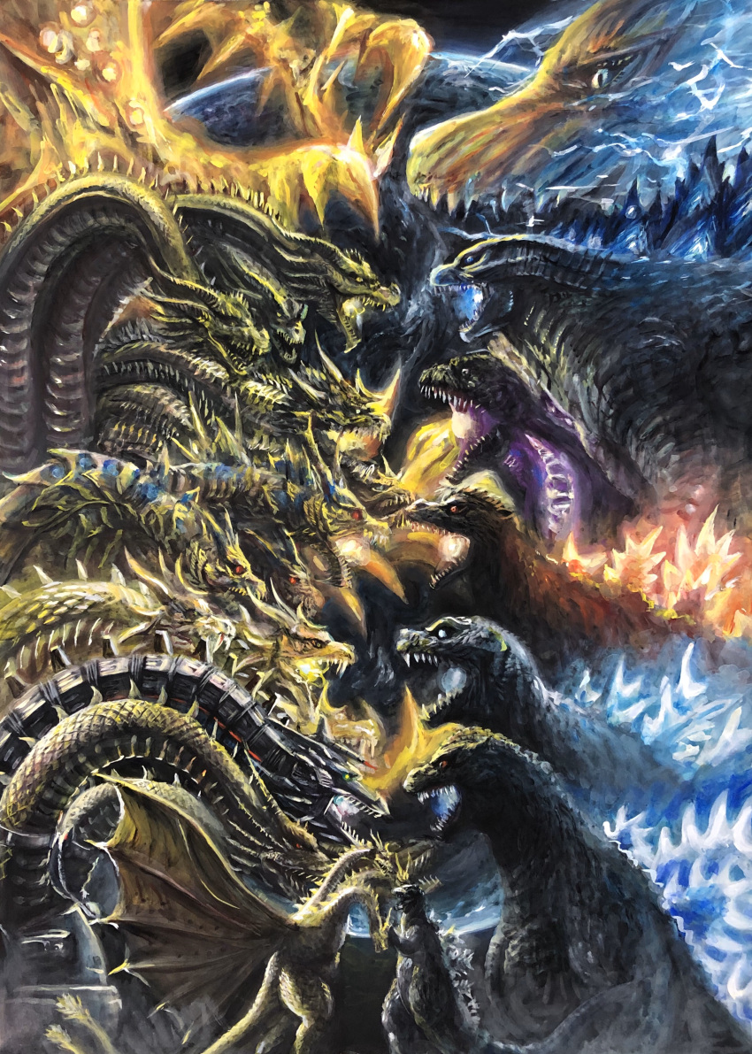 absurdres commentary_request dragon dragon_horns fangs g.n.a giant giant_monster glowing glowing_eyes godzilla godzilla_(series) highres horns kaijuu keizer_ghidorah king_ghidorah monster no_humans open_mouth red_eyes scales sharp_teeth spikes teeth