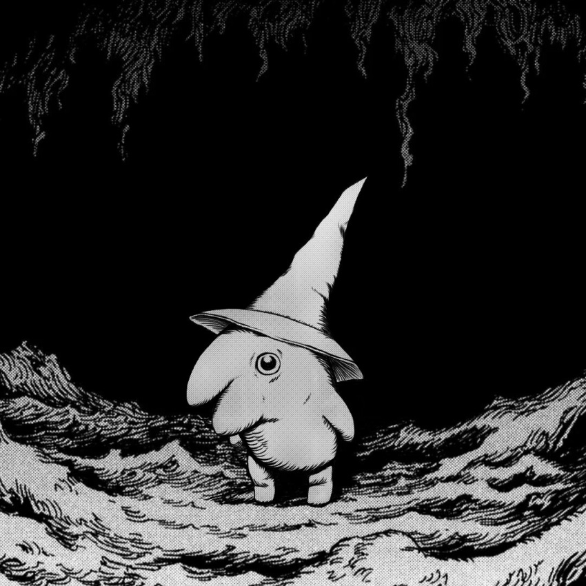 berserk english_commentary full_body glep_(smiling_friends) greyscale hat looking_at_viewer monochrome opal_egg smiling_friends solo standing witch_hat