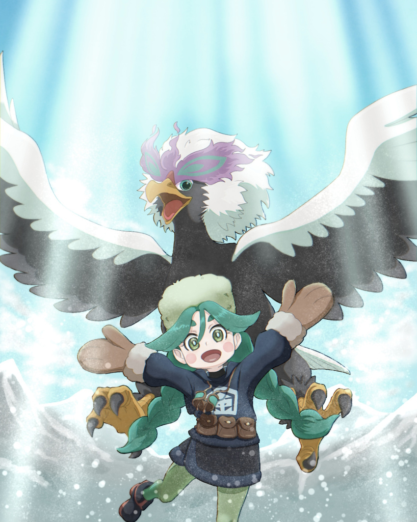 1girl :d arms_up bangs bird black_footwear black_skirt blush_stickers boots braid brown_mittens cloud commentary_request day eyelashes fur_hat green_eyes green_hair green_headwear green_legwear grey_jacket hair_between_eyes hat highres hisuian_braviary jacket long_hair oekaki_fnyanky open_mouth outdoors pantyhose pokemon pokemon_(creature) pokemon_(game) pokemon_legends:_arceus sabi_(pokemon) skirt sky smile tongue twin_braids twintails