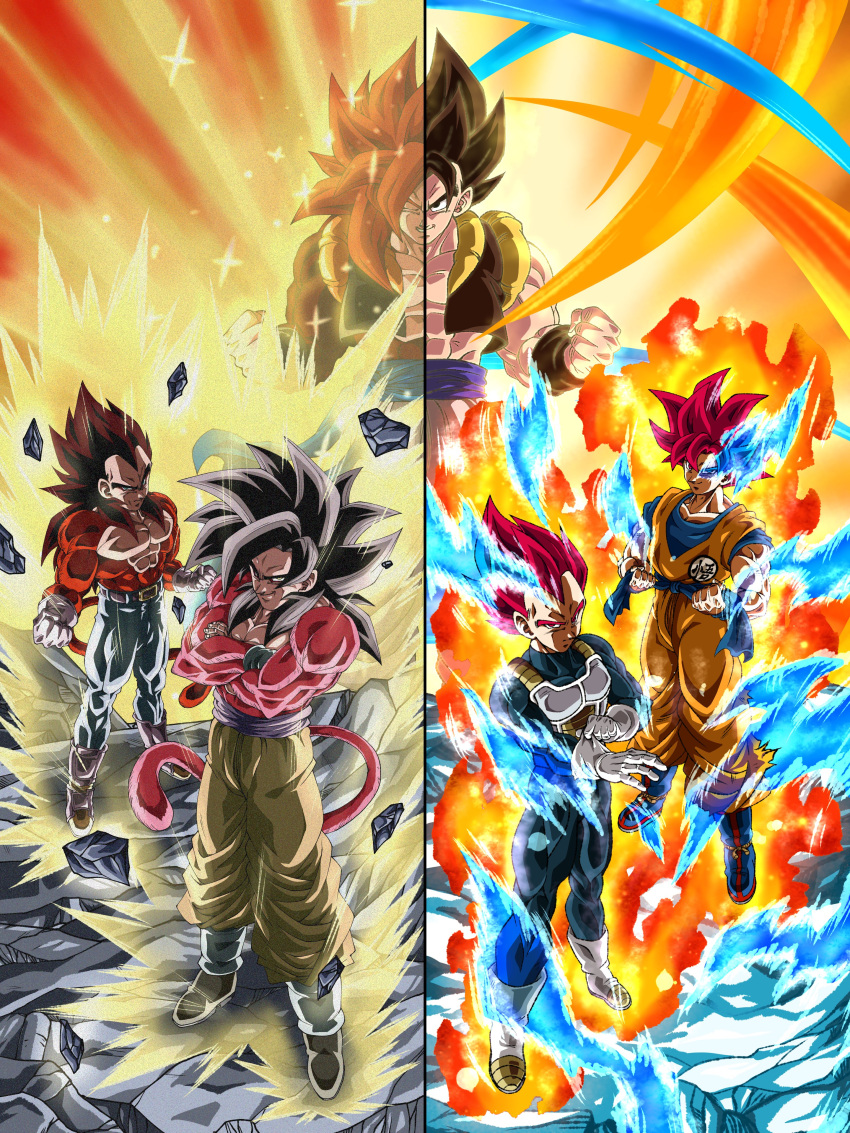 absurdres black_hair body_fur dragon_ball dragon_ball_gt dragon_ball_super dragon_ball_super_broly dragon_ball_z_dokkan_battle fusion gogeta highres metamoran_vest monkey_boy monkey_tail multiple_boys multiple_persona muscular muscular_male red_fur red_hair saiyan son_goku spiked_hair super_saiyan super_saiyan_4 super_saiyan_god tail vegeta y48754085