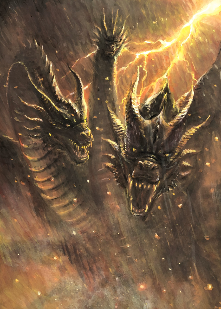 absurdres commentary_request dragon dragon_horns fangs g.n.a giant giant_monster glowing glowing_eyes godzilla_(series) highres horns kaijuu king_ghidorah lightning looking_at_viewer monster night no_humans open_mouth rain storm