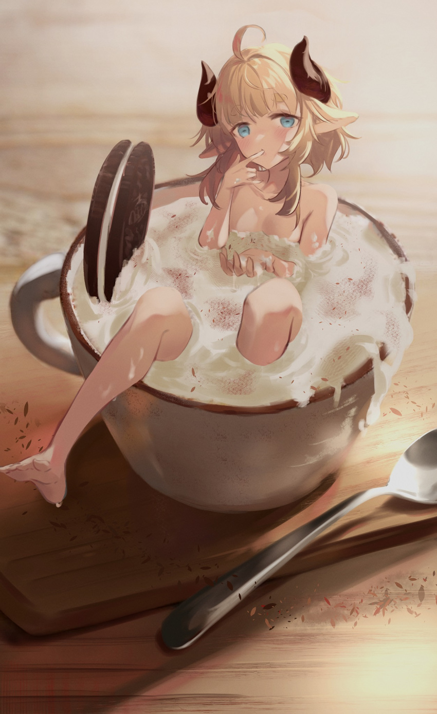 1girl ahoge animal_ears barefoot bathing blonde_hair blue_eyes blush breasts coffee collarbone completely_nude cup eyebrows_visible_through_hair finger_to_mouth full_body highres horns in_container in_cup long_hair looking_at_viewer minigirl nude oreo original sidelocks sitting small_breasts solo spoon thick_eyebrows timo_wei95 tray
