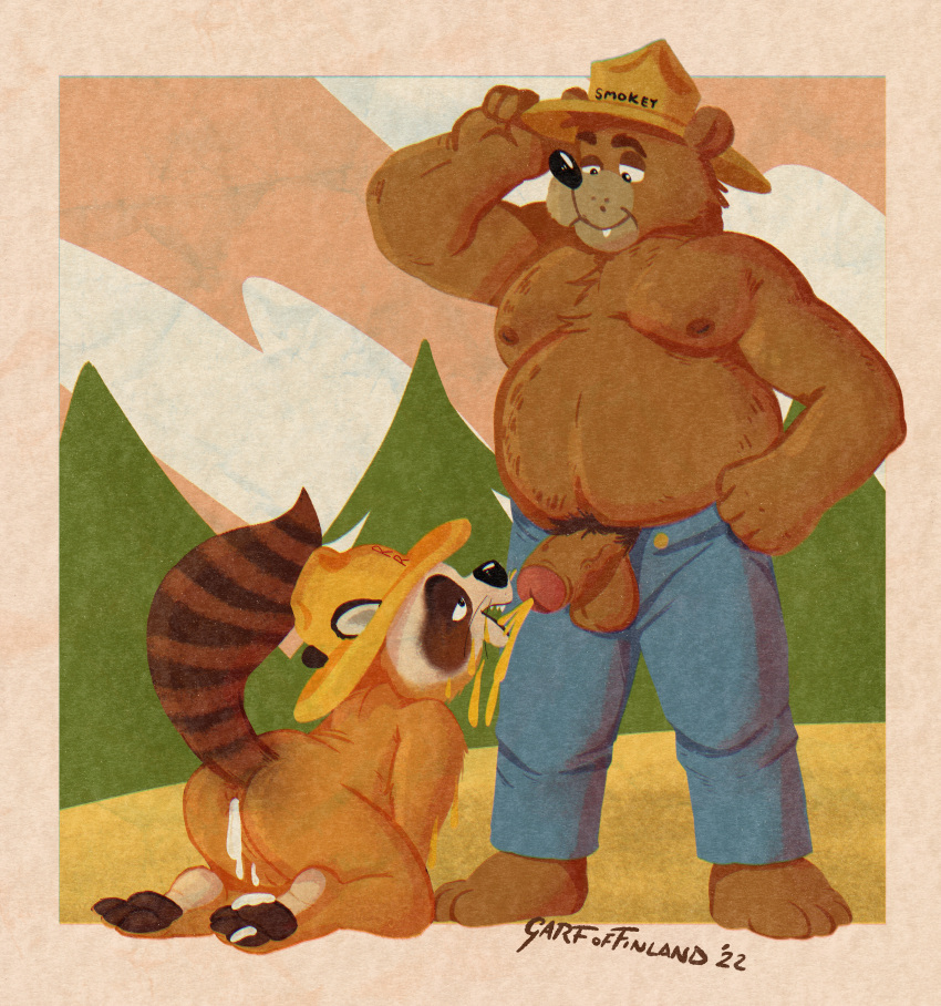 absurd_res anthro bodily_fluids bottomwear bottomwear_down brown_body brown_fur clothed clothing cum cum_in_ass cum_inside cum_on_feet denim denim_clothing dominant dominant_male duo erection forest forest_background fur garf_of_finland genital_fluids genitals hat headgear headwear hi_res huge_filesize jeans male male/male mammal nature nature_background nude open_bottomwear open_clothing open_mouth open_pants outside pants pants_down partially_clothed penis plant procyonid raccoon ranger_rick_(character) shirtless_male simple_background size_difference smile smokey_bear standing submissive submissive_male text text_on_clothing text_on_hat text_on_headwear tree urine ursid watersports