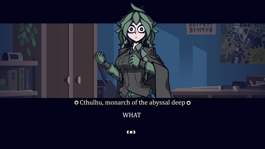 1girl :&lt; bangs breasts brown_gloves brown_jacket buttons character_name cthulhu cthulhu_mythos english_text gloves green_hair helltaker highres hohodo_(hohodo8) indoors jacket large_breasts long_hair long_sleeves looking_at_viewer personification red_eyes solo speech_bubble teeth upper_teeth vanripper_(style) wide-eyed
