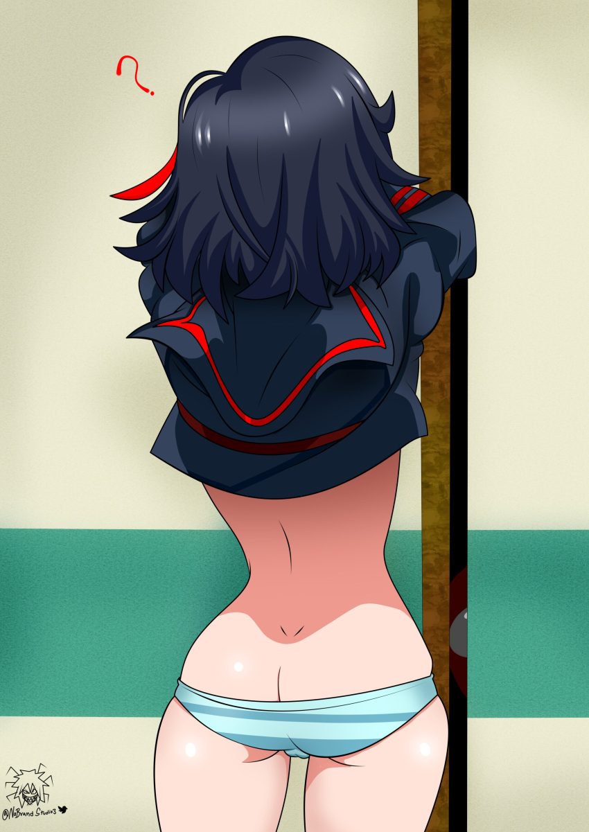 1girl absurdres among_us ass black_hair butt_crack clothes_lift commentary cowboy_shot crewmate_(among_us) from_behind green_panties highres indoors kill_la_kill matoi_ryuuko medium_hair meme multicolored_hair no_pants nobrandstudio panties red_hair ryuko_redraw_(meme) school_uniform serafuku shiny shiny_skin skindentation solo streaked_hair striped striped_panties thighs underwear undressing watermark white_panties