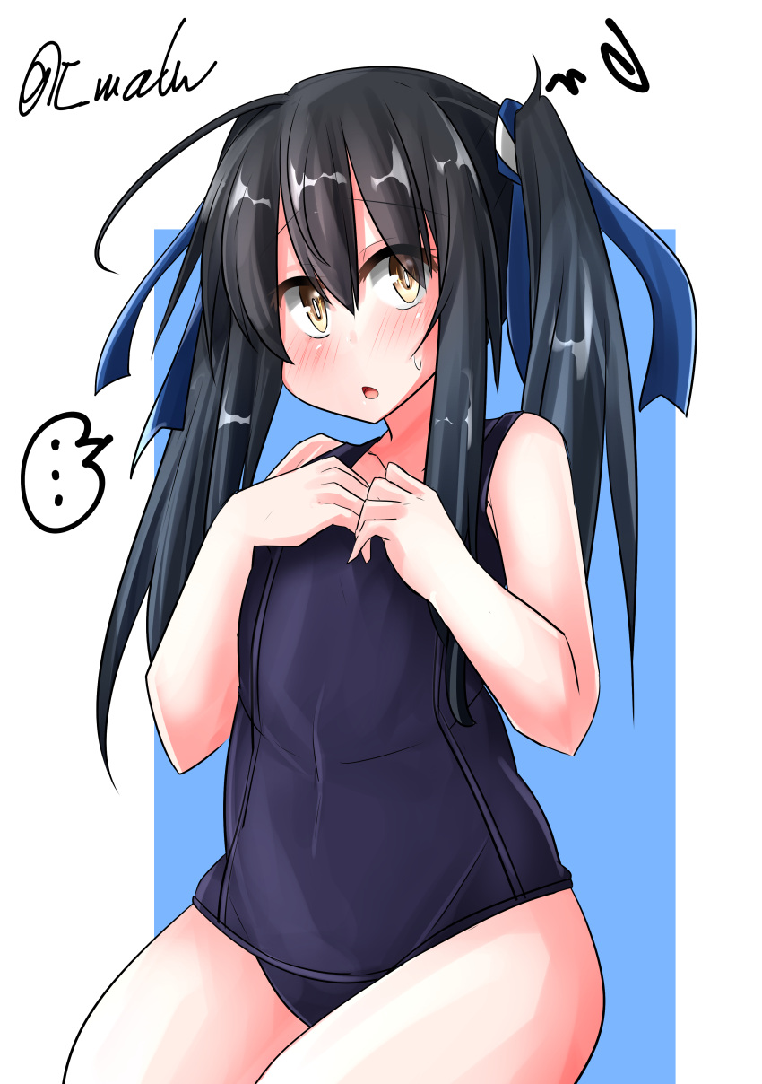 1girl absurdres alternate_costume alternate_hairstyle black_hair blue_background blue_headband blue_swimsuit covered_navel eyebrows_visible_through_hair flat_chest hair_between_eyes hatsushimo_(kancolle) hatsushimo_kai_ni_(kancolle) headband highres kantai_collection long_hair old_school_swimsuit one-piece_swimsuit open_mouth school_swimsuit sitting solo speech_bubble sweatdrop swimsuit t_(dyuhuhudyukusi) twintails white_background yellow_eyes