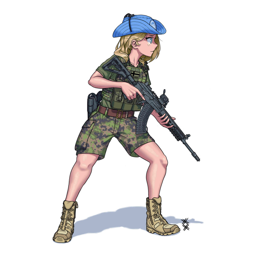 1girl absurdres blonde_hair blue_eyes boots camouflage camouflage_jacket camouflage_shorts closed_mouth commission finland hat highres jacket long_hair military military_hat military_uniform military_vehicle original ostwindprojekt rk62 shadow short_sleeves shorts simple_background sleeves_rolled_up solo trigger_discipline uniform white_background