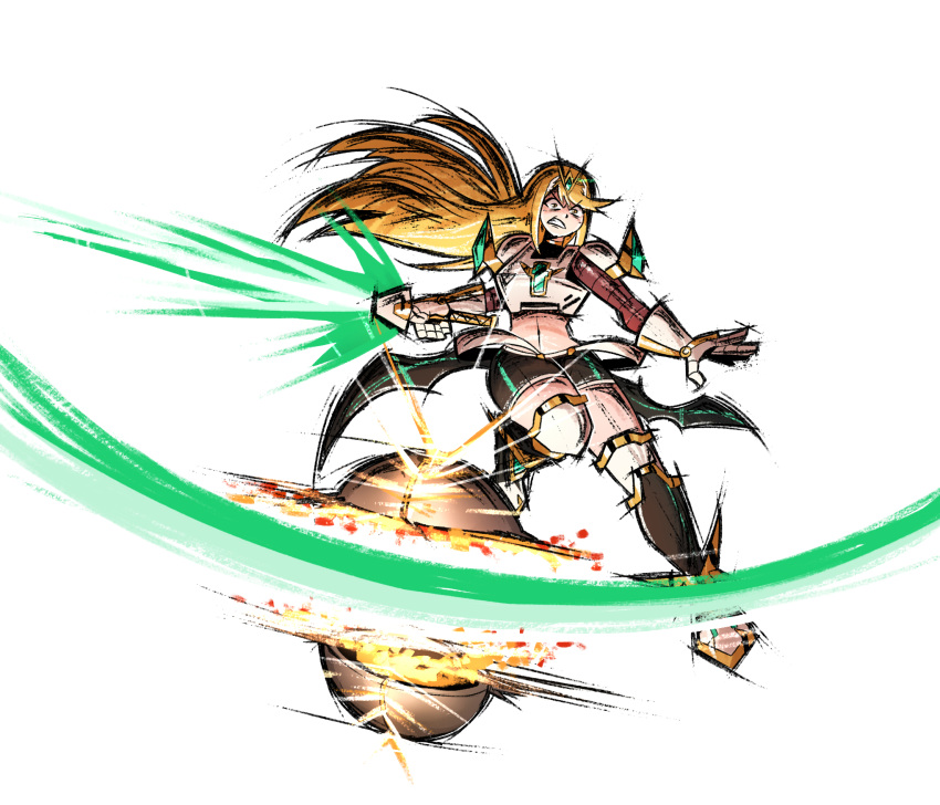 adapted_costume alternate_costume armor ball blonde_hair highres long_hair mythra_(xenoblade) navel simple_background soccer soccer_ball soccer_uniform sportswear super_mario_strikers thegreyzen very_long_hair white_background xenoblade_chronicles_(series) xenoblade_chronicles_2 yellow_eyes