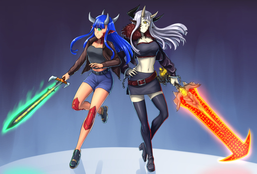 2girls bangs bare_legs belt black_belt black_footwear black_jacket black_skirt blue_hair blue_shorts blunt_bangs boots breasts brown_belt brown_jacket cacodemon commentary cosplay_request cropped_jacket crucible_(doom) cuffs cyclops doom_(series) doom_eternal energy_sword english_commentary fate_(series) frown full_body fur_collar glowing glowing_sword glowing_weapon green_eyes hand_on_hip hexen high_heel_boots high_heels highres hime_cut holding holding_sword holding_weapon horns jacket long_hair long_sleeves medium_breasts midriff monster_girl multiple_girls multiple_horns navel one-eyed open_clothes open_jacket pale_skin pencil_skirt personification pointy_ears scales shoes shorts side_slit silver_hair skirt split_mouth strapless substance20 sword thigh_boots thighhighs tube_top weapon yellow_eyes zettai_ryouiki zipper