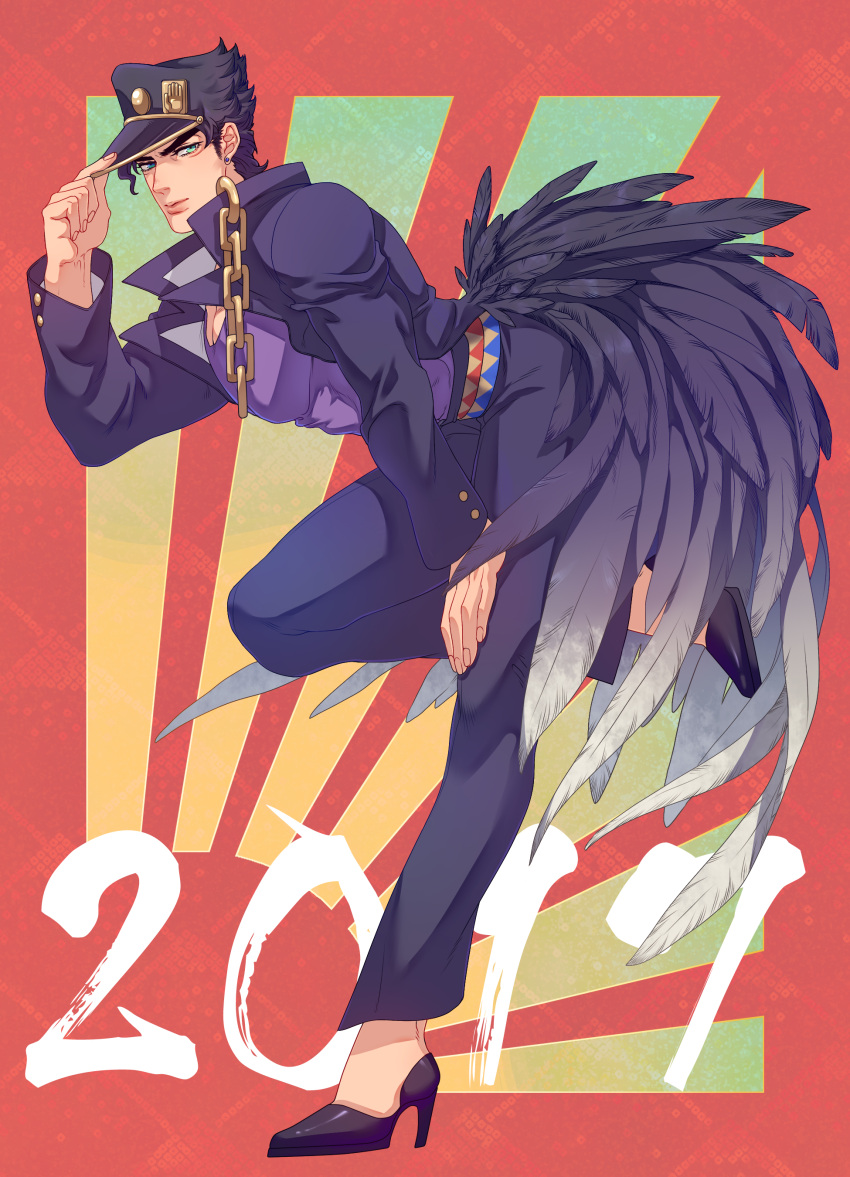 1boy 2017 absurdres adjusting_clothes adjusting_headwear against_wall black_hair chain chinese_zodiac coat gakuran hat high_heels highres jojo_no_kimyou_na_bouken kujo_jotaro less_end long_coat male_focus monster_boy muscular muscular_male purple_coat rooster_tail school_uniform solo standing standing_on_one_leg stardust_crusaders year_of_the_rooster