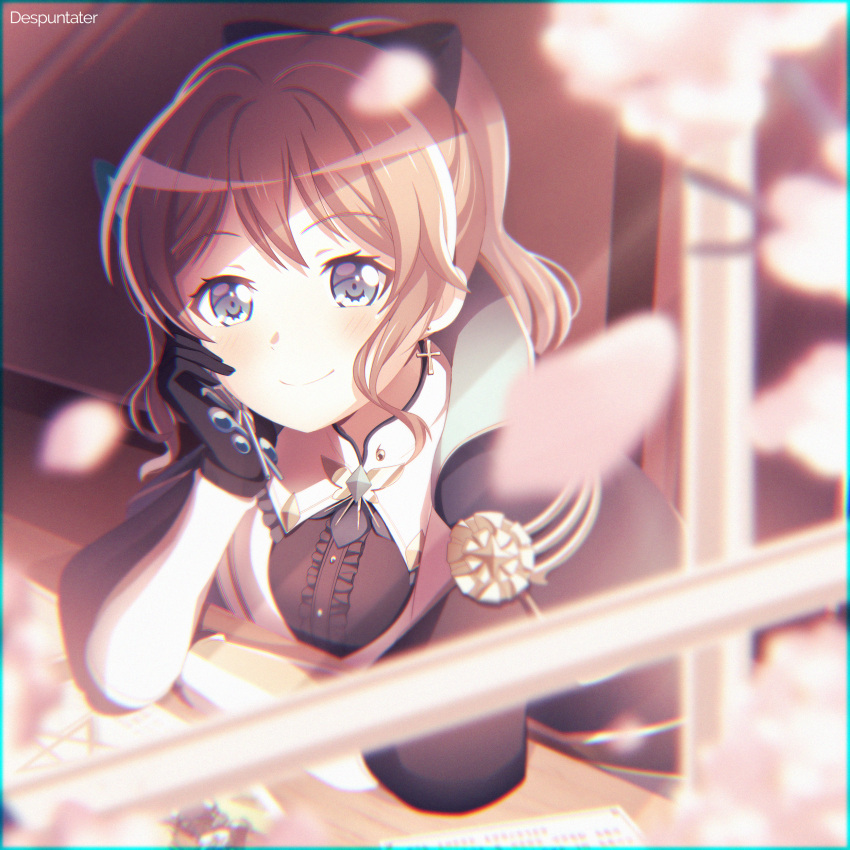 1girl absurdres artist_name bang_dream! bangs black_gloves black_ribbon blue_eyes blurry blurry_foreground brown_hair center_frills closed_mouth cosplay cross cross_earrings despuntater earrings english_commentary eyebrows_visible_through_hair frills from_outside genshin_impact gloves hair_between_eyes hair_ribbon head_rest highres jean_(genshin_impact) jean_(genshin_impact)_(cosplay) jewelry long_hair looking_at_viewer looking_outside ponytail ribbon sidelocks sitting smile solo through_window upper_body window yamabuki_saaya