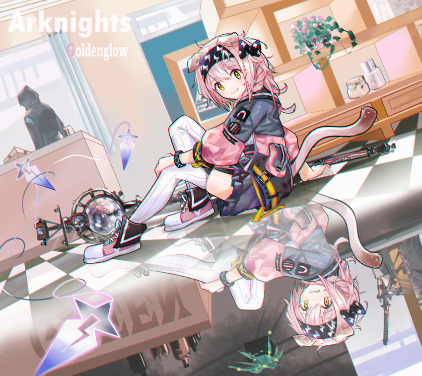 1girl 1other absurdres animal_ears arknights bangs black_hairband black_jacket black_skirt braid cat_ears cat_girl cat_tail character_name checkered_floor commentary_request copyright_name different_reflection doctor_(arknights) eyebrows_visible_through_hair frilled_skirt frills goldenglow_(arknights) hair_between_eyes hair_over_shoulder hairband highres hood hood_up hooded_jacket indoors jacket kanshio lightning_bolt_print long_hair long_sleeves on_floor open_clothes open_jacket parted_lips pink_footwear pink_hair puffy_long_sleeves puffy_sleeves reflection ribbed_legwear shoes single_braid skirt staff tail thighhighs white_legwear yellow_eyes