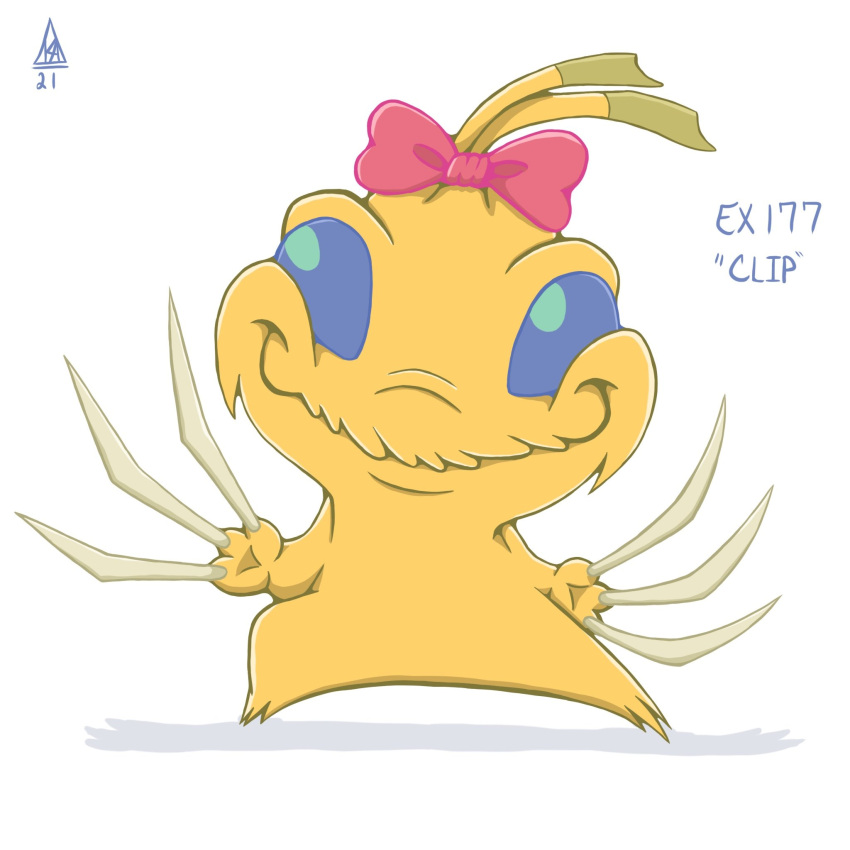 1:1 2022 3_fingers accessory alien antennae_(anatomy) blue_eyes character_name claws clip_(lilo_and_stitch) dipstick_antennae disney english_text experiment_(lilo_and_stitch) fingers fur hair_accessory hair_bow hair_ribbon hi_res lilo_and_stitch long_claws looking_at_viewer multicolored_antennae ribbons simple_background smile smiling_at_viewer solo standing superfunkykeef text white_background yellow_body yellow_fur