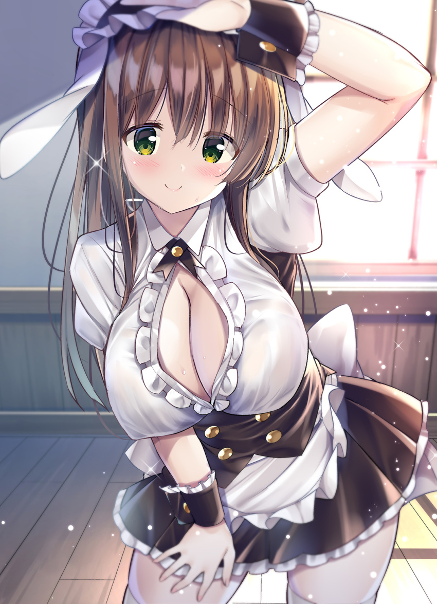 alternate_hairstyle animal_ears apron arm_up bangs black_skirt breasts brown_hair buttons cleavage closed_mouth commentary_request covered_nipples double-breasted eyebrows_visible_through_hair fleur_de_lapin_uniform gochuumon_wa_usagi_desu_ka? green_eyes hand_on_own_leg highres indoors kurou_(quadruple_zero) large_breasts long_hair looking_at_viewer maid maid_apron rabbit_ears shirt short_sleeves skirt smile standing thighhighs ujimatsu_chiya white_legwear white_shirt window wooden_floor wrist_cuffs