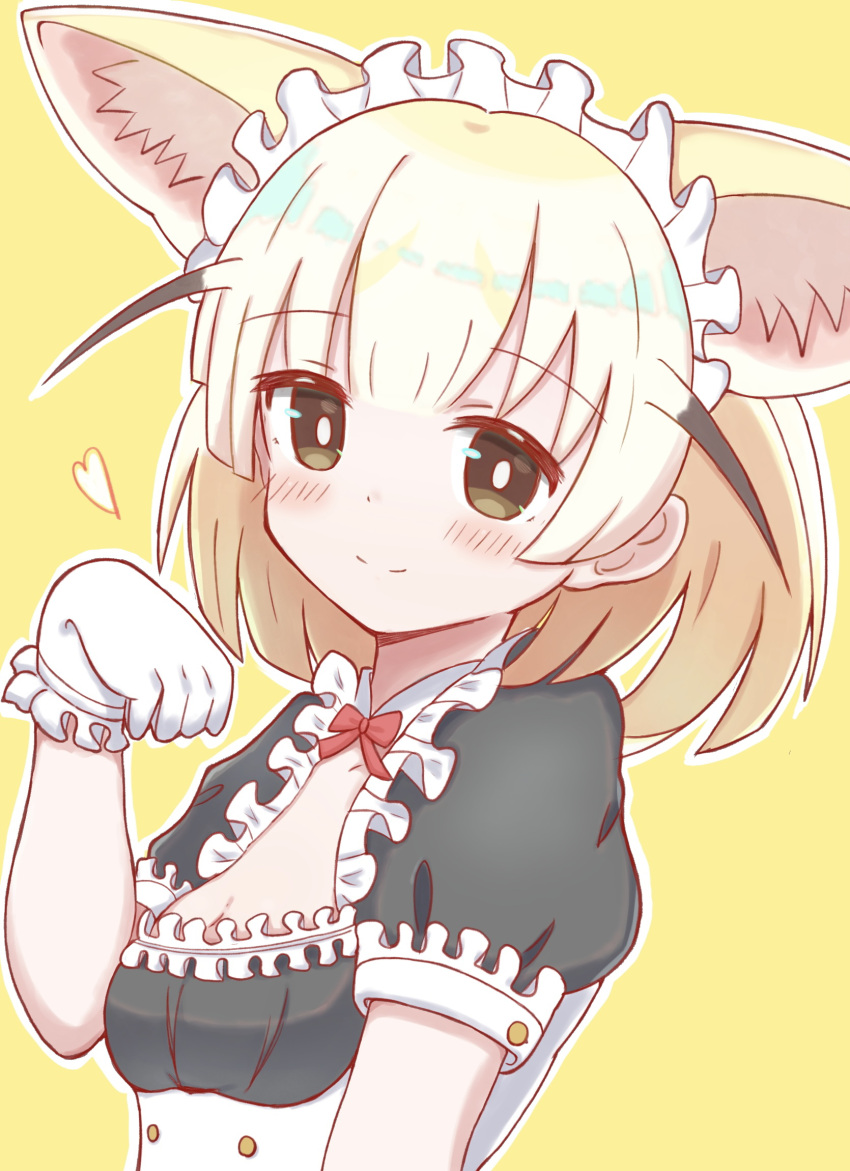 1girl alternate_costume animal_ear_fluff animal_ears bangs black_dress blonde_hair blush bow brown_eyes closed_mouth commentary_request dress enmaided eyebrows_visible_through_hair fennec_(kemono_friends) fox_ears frilled_dress frills gloves hand_up highres kemono_friends maid maid_headdress outline puffy_short_sleeves puffy_sleeves red_bow short_sleeves smile solo sunanuko_(ramuneko) white_gloves white_outline yellow_background