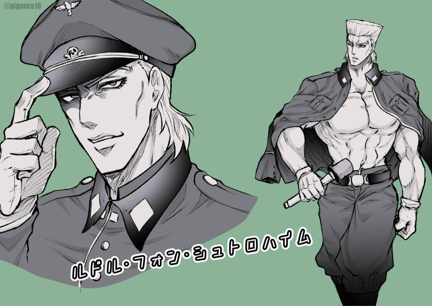 2boys adjusting_clothes adjusting_headwear bare_pectorals battle_tendency explosive flattop gloves grenade jacket jacket_on_shoulders jojo_no_kimyou_na_bouken military military_uniform monochrome multiple_boys muscular muscular_male nazi pectorals rudolph_von_stroheim skull_and_crossbones tanakaoften topless_male totenkopf uniform