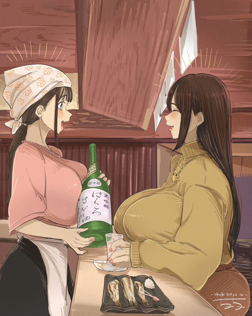 2girls alcohol apron artist_name blush bottle breasts brown_hair chichi8181 closed_eyes cup feet_out_of_frame fish food from_side highres holding holding_bottle holding_cup huge_breasts jewelry large_breasts long_hair long_sleeves mature_female multiple_girls nail_polish necklace open_mouth original outdoors ponytail short_sleeves sidelocks signature sitting smile standing sweater tenugui